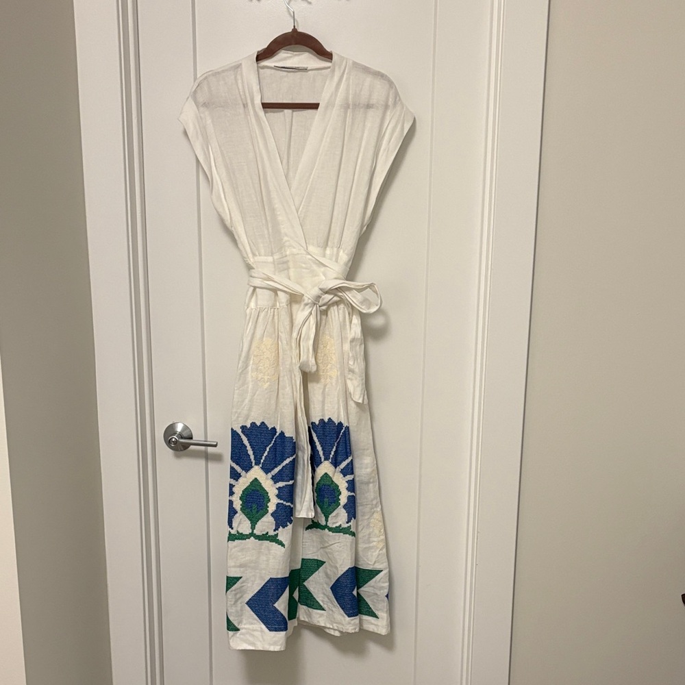 Greek White Midi Dress with Blue and Green Accents
